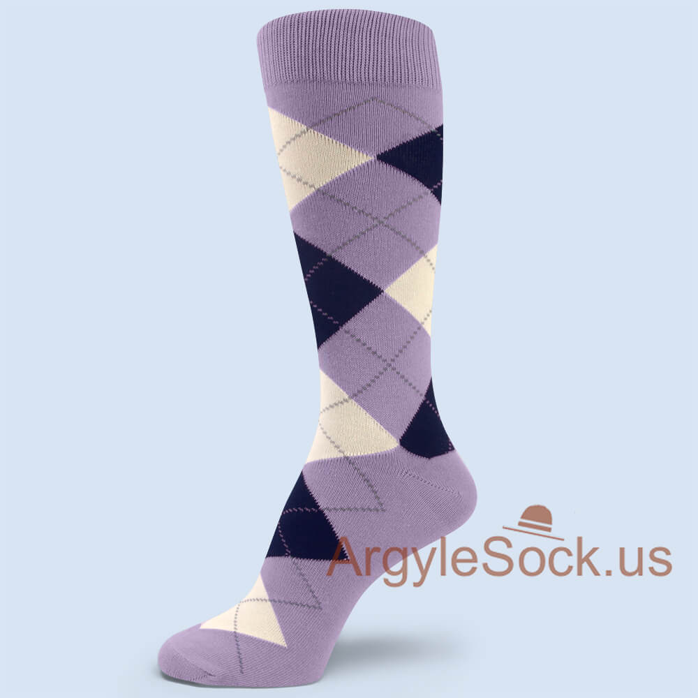 Lavender with Navy and Ivory(Off-white) Argyle Sock for Man